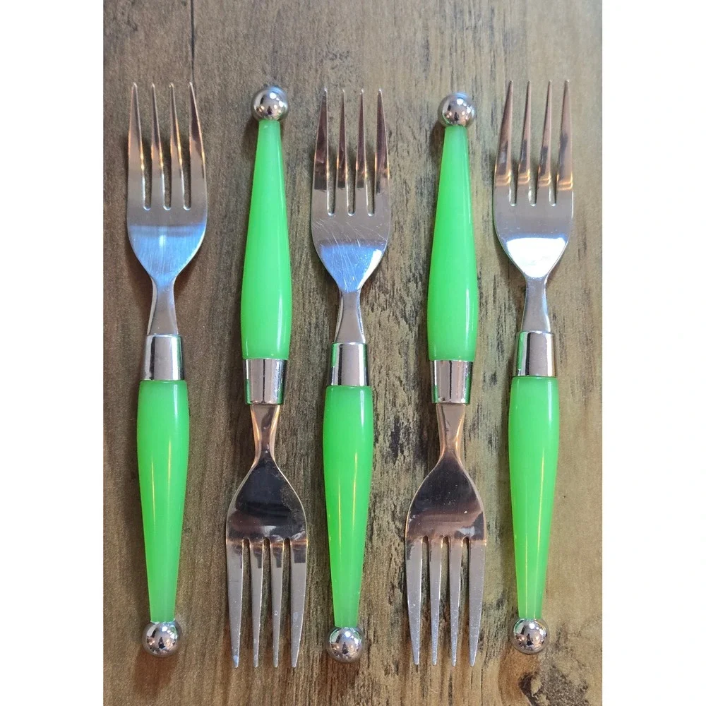 10pc Stainless Steel Dinner Forks Salad Forks Neon Plastic Tapered Handles MCM